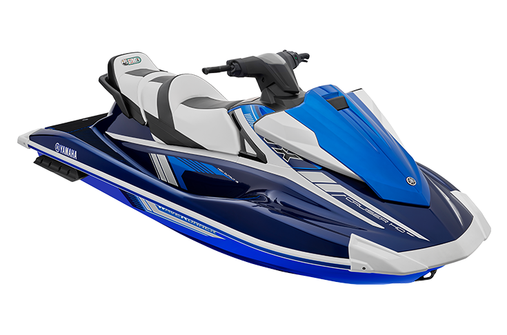 A blue and white Yamaha WaveRunner personal watercraft shown from a high-angle side view against a white background.
