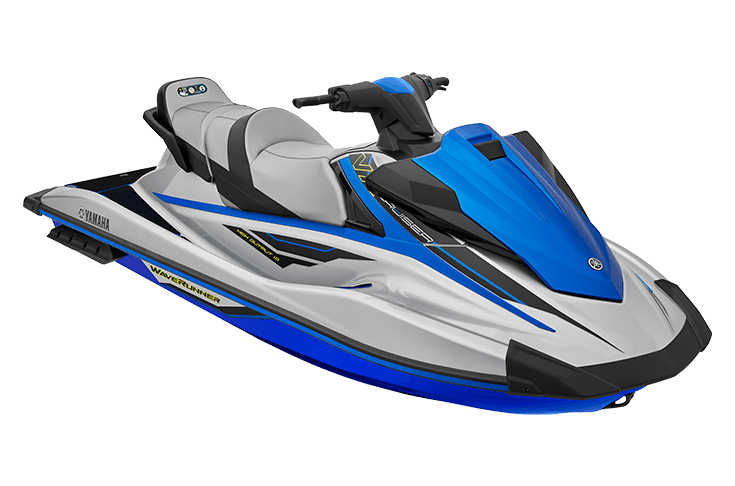 A silver and blue Yamaha WaveRunner personal watercraft shown from a high angle against a white background.