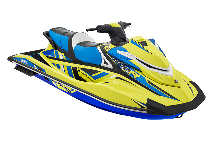 A yellow and blue Yamaha WaveRunner personal watercraft isolated on a white background.